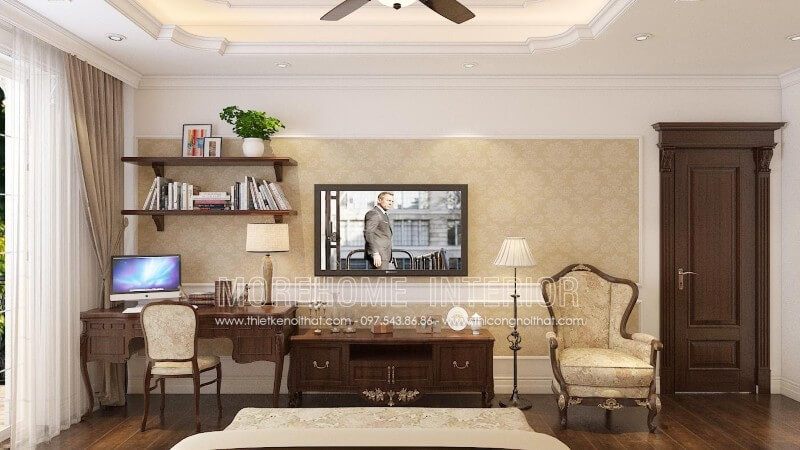 Mẫu kệ tivi tân cổ điển gỗ tự nhiên màu óc chó đẹp đẳng cấp trong phòng ngủ