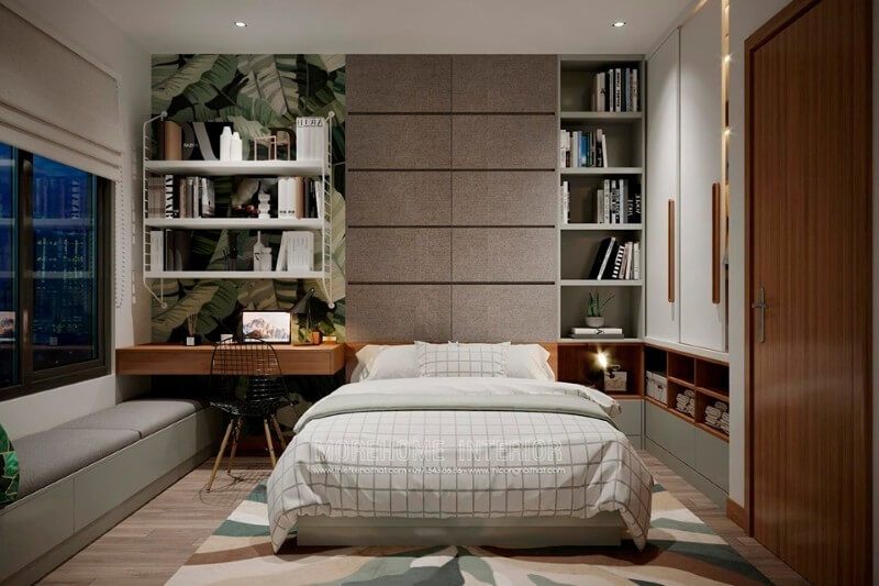 Kệ sách gỗ công nghiệp thiết kế với kiểu dáng hiện đại, phù hợp với không gian phòng ngủ trẻ trung