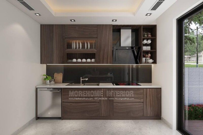 Tủ bếp gỗ An Cường chữ i hiện đại đẹp với cách bố trí khoa học từ vị trí để máy rửa bát, bếp từ, bồn rửa, máy hút bụi.